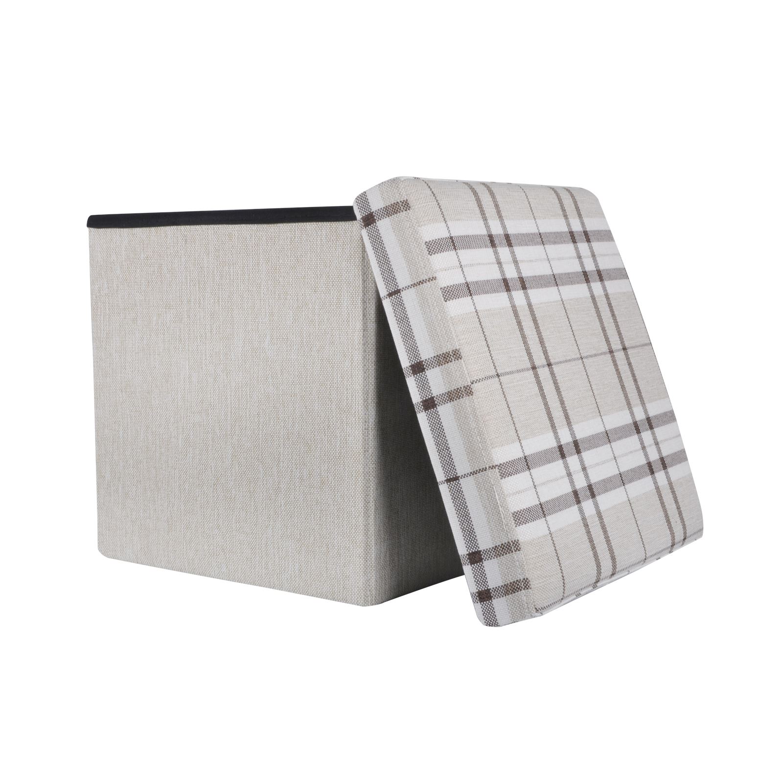 Folding Storage Ottoman Linen Look Plaid Check Fabric Stool Footstool Toy Box - Picture 11 of 18