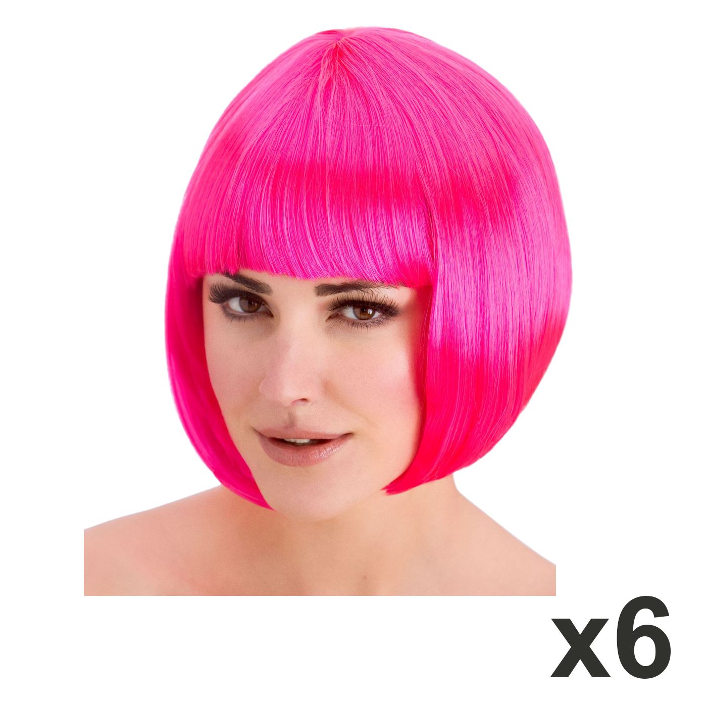 Pack Of 6 Diva Wig Neon Pink Short Hair Fringe Hen Party Fancy Dress Halloween eBay