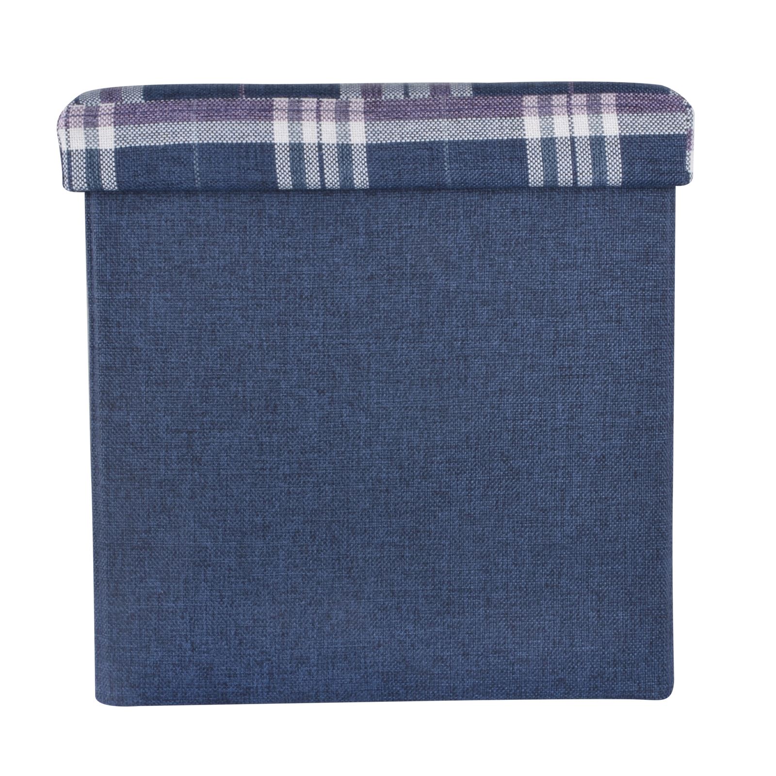 Folding Storage Ottoman Linen Look Plaid Check Fabric Stool Footstool Toy Box - Picture 7 of 18