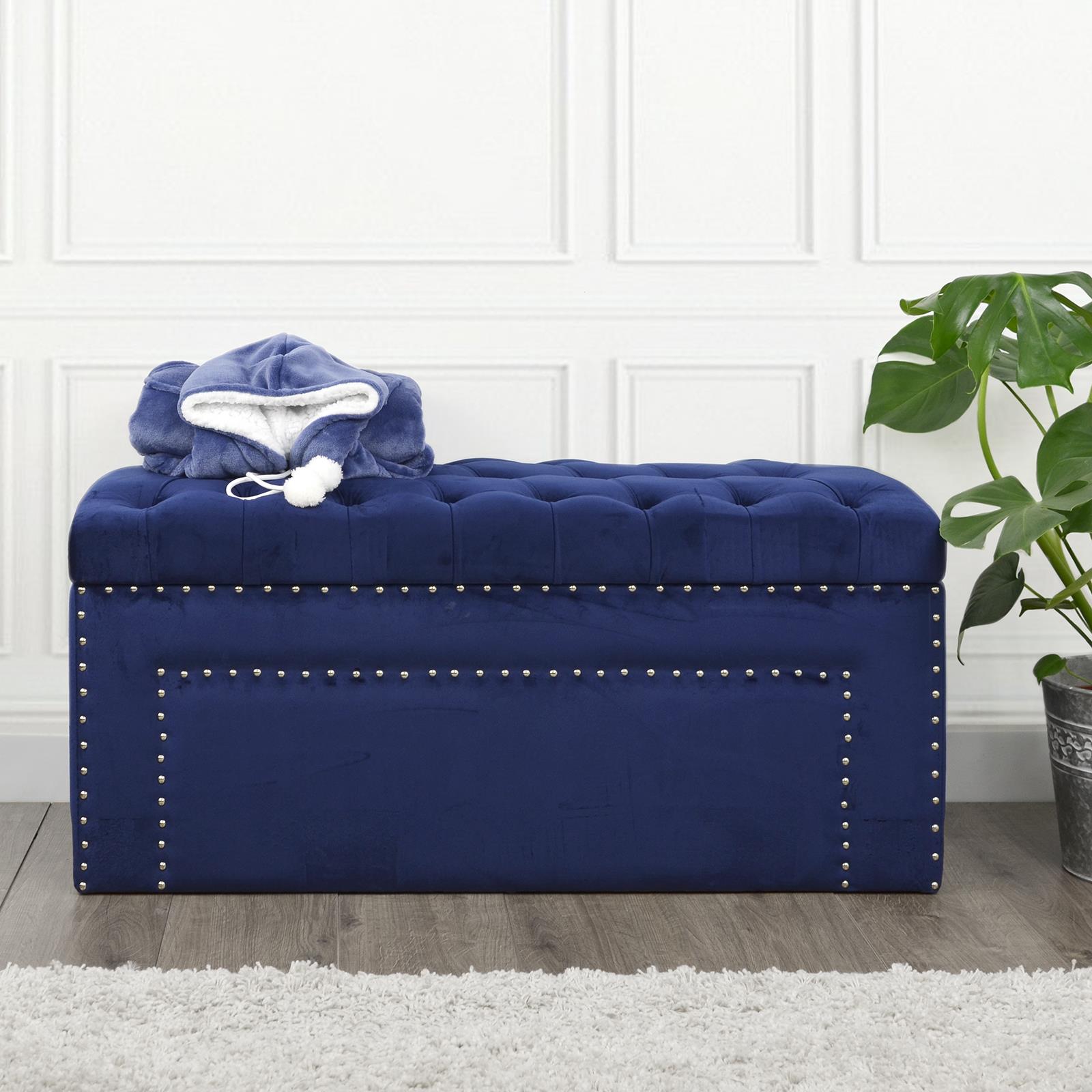 Storage Ottoman Large Blanket Box Padded Velvet Seat Bench Silver Studs