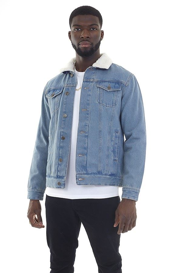 Mens Brave Soul Denim Coat Sherpa Fleece Borg Collar Western