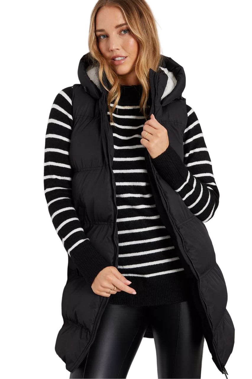 Womens Black Long Hood Padded Gilet Jacket Sleeveless Bodywarmer Pockets Ladies