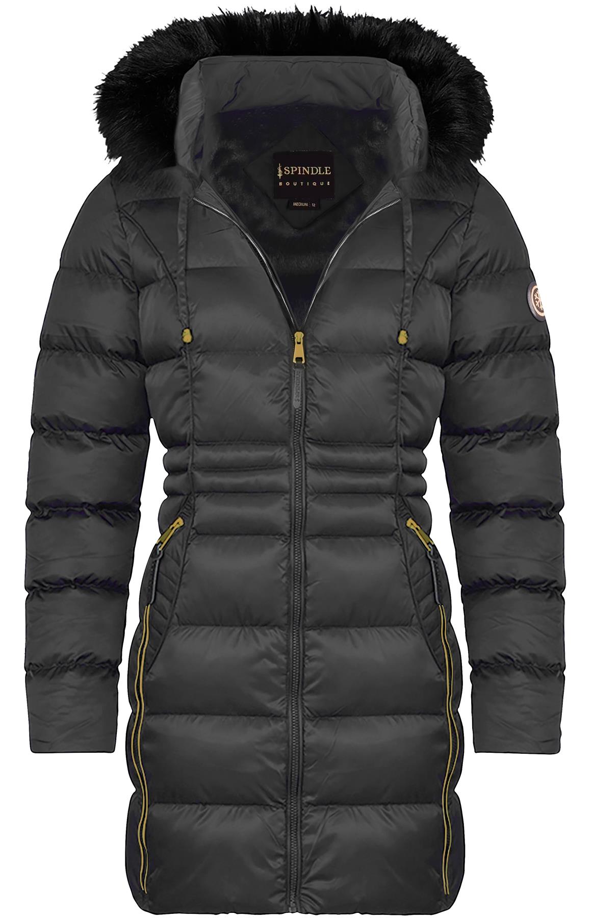 Spindle Womens Ladies Premium Quality Hooded Long Fur Parka Quilted