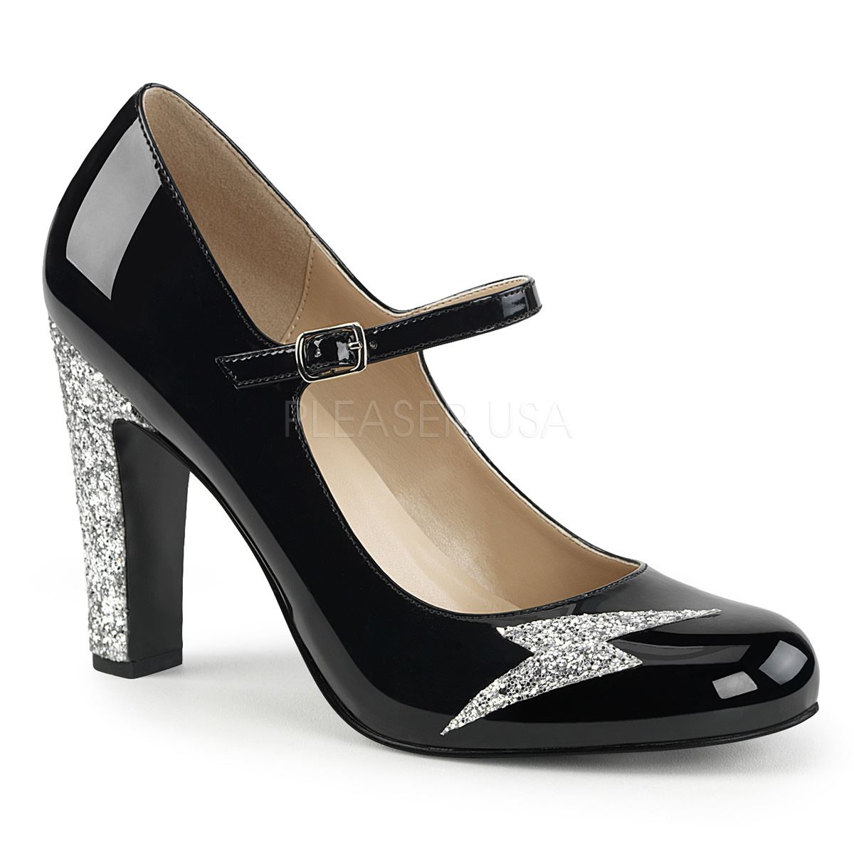 Pleaser Pink Label QUEEN-02 Round Toe Mary Jane Pump Black Patent-Silver Glitter Pleaser Pink Label QUEEN-02 Round Toe Mary Jane Pump Black Patent-Silver Glitter