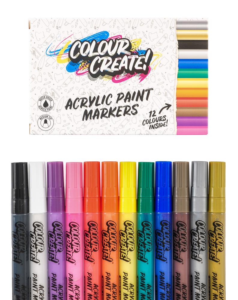 Colour Create 12 Acrylic Paint Marker Pens Pack Permanent Waterbased ...