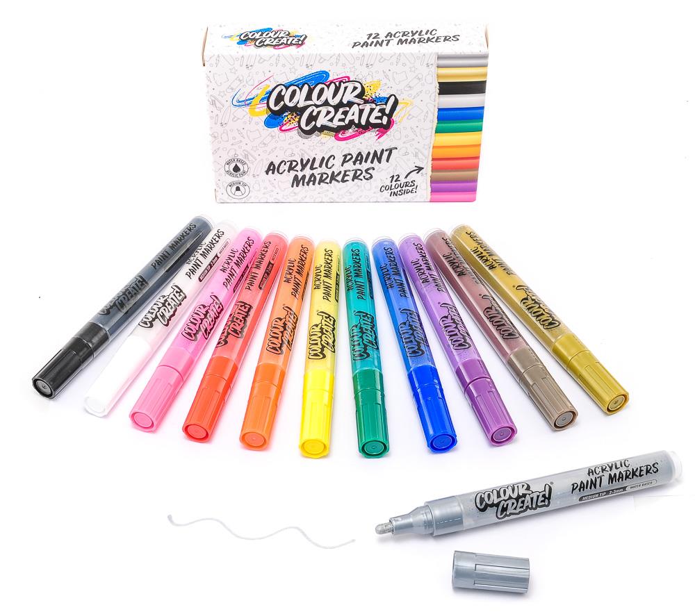 Colour Create 12 Acrylic Paint Marker Pens Pack Permanent WaterBased
