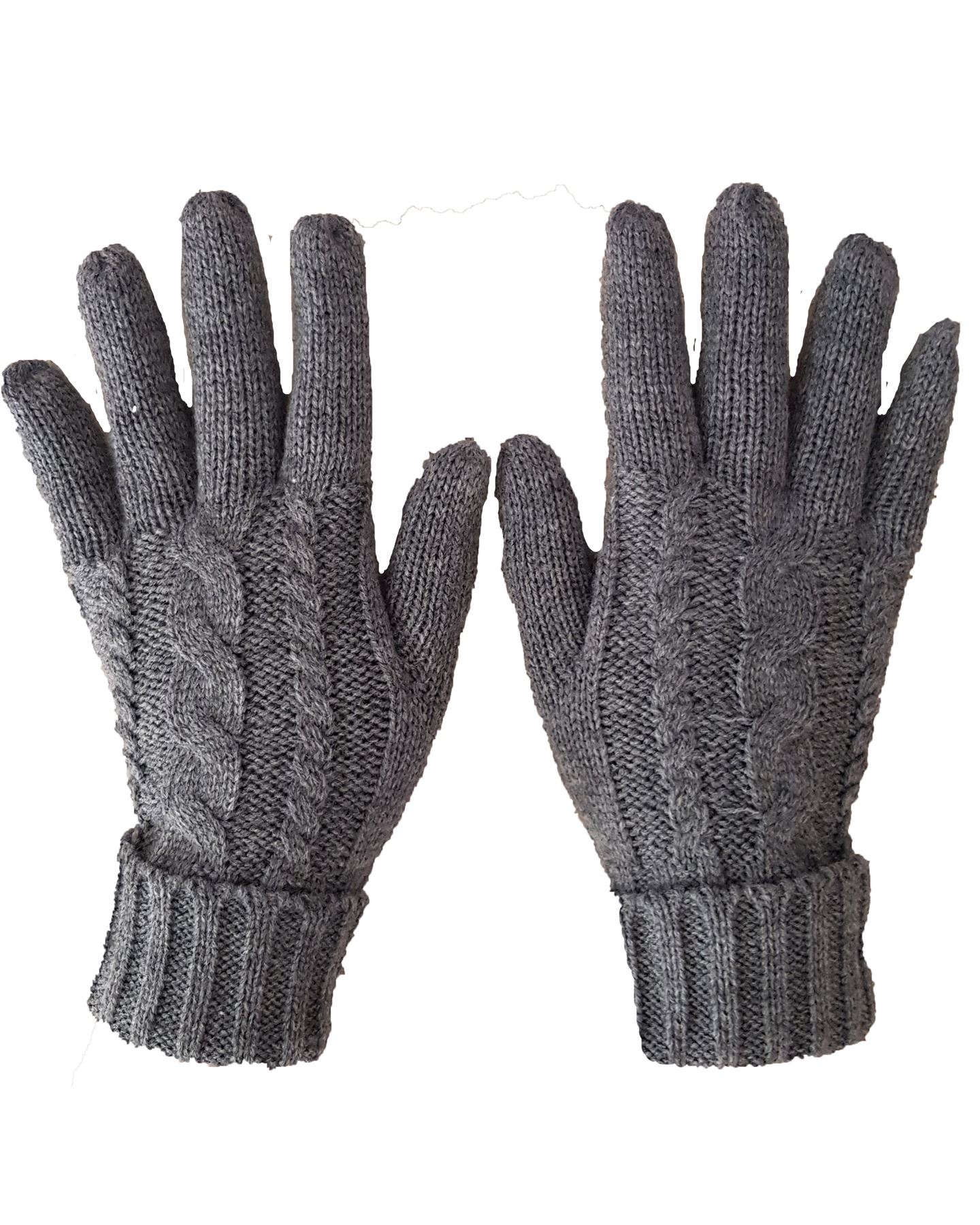 NEW LADIES CABLE KNIT FLEECE LINED WARM WINTER GLOVES BLACK GREY CREAM