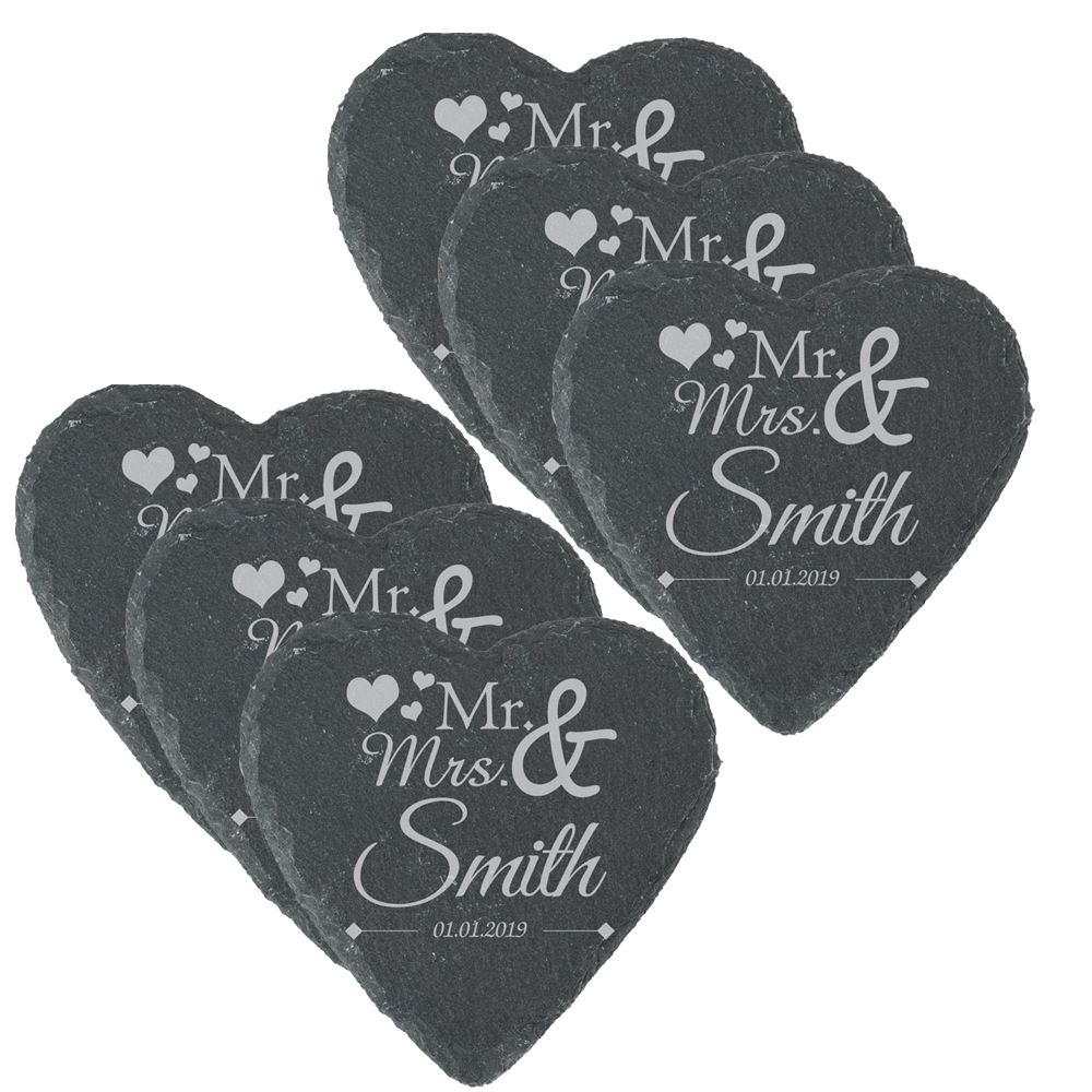 Personalised Engraved Heart Slate Wedding Coaster Mr&Mrs with Hearts - Picture 4 of 5