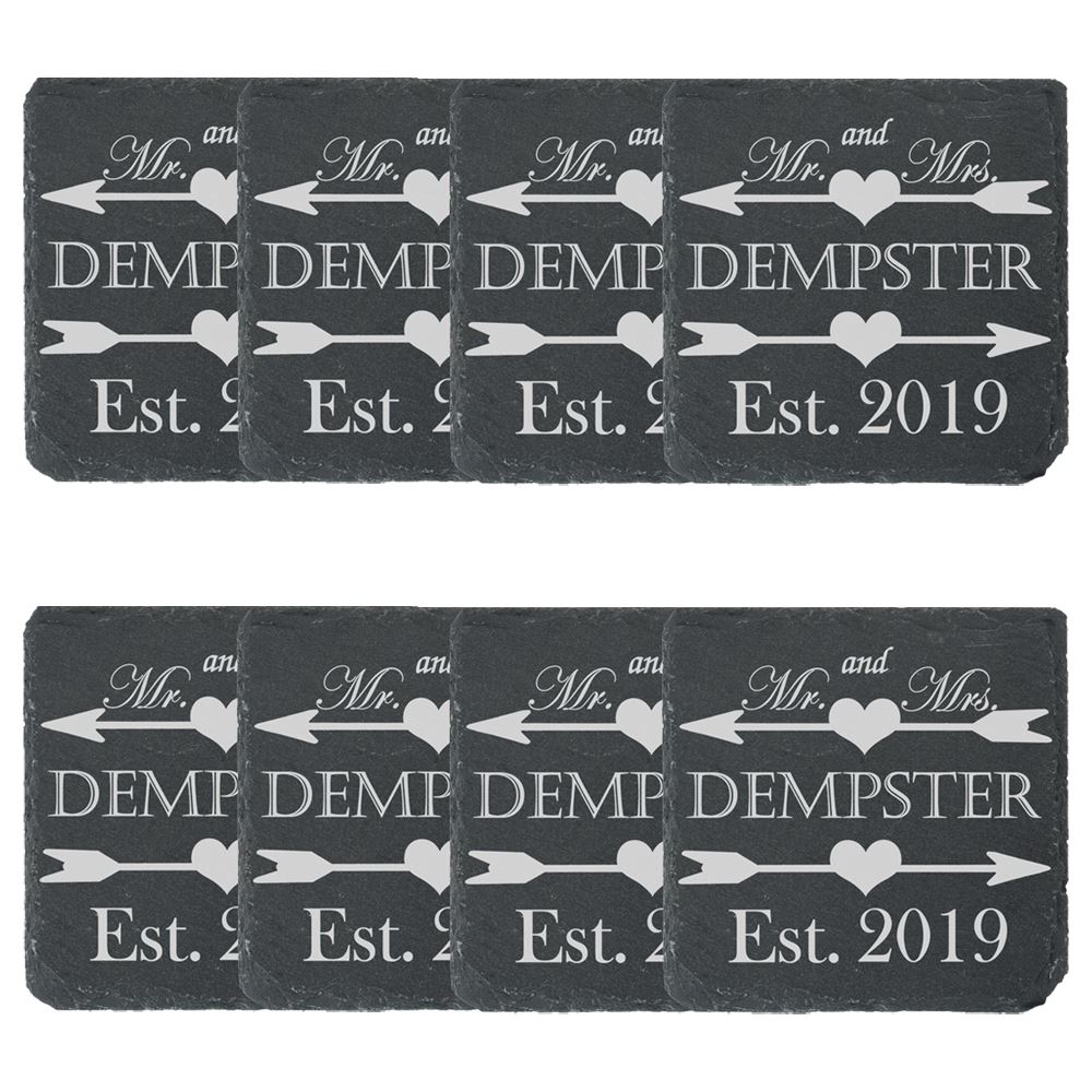 Personalised Engraved Square Slate Wedding Coaster Mr&Mrs Hearts and Arrows - Picture 5 of 5