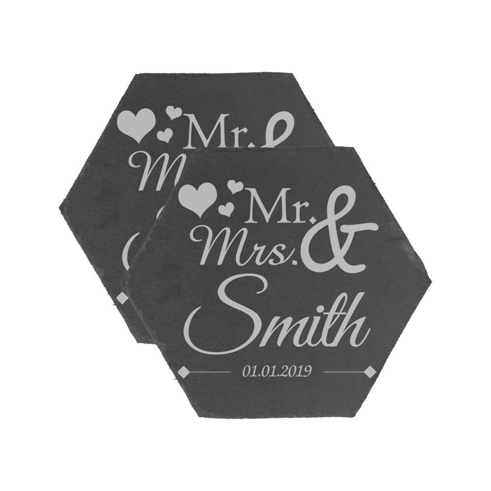 Personalised Engraved Polygon Slate Wedding Coaster Mr&Mrs with Hearts - Picture 2 of 5