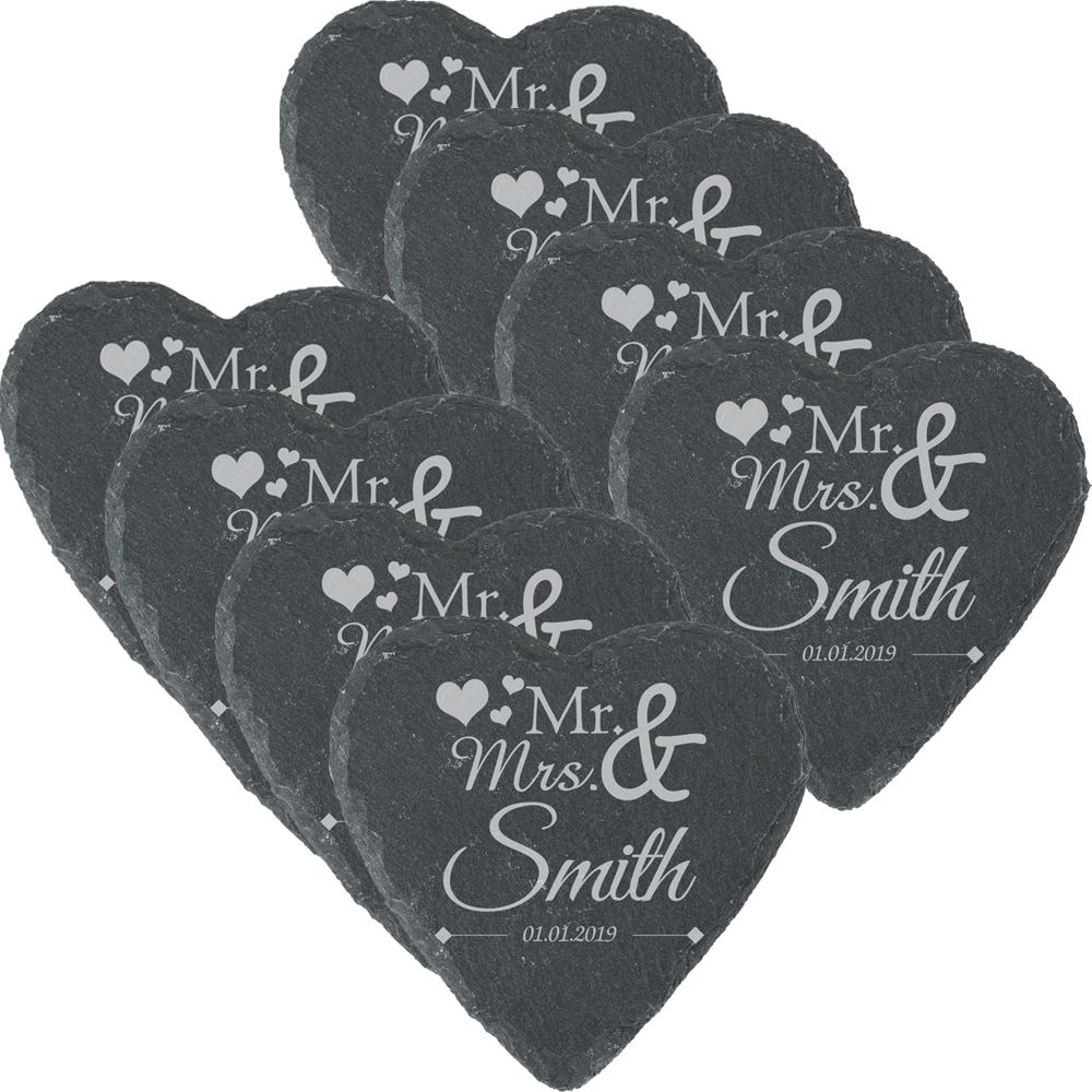 Personalised Engraved Heart Slate Wedding Coaster Mr&Mrs with Hearts - Picture 5 of 5