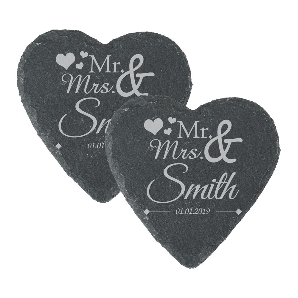 Personalised Engraved Heart Slate Wedding Coaster Mr&Mrs with Hearts - Picture 2 of 5