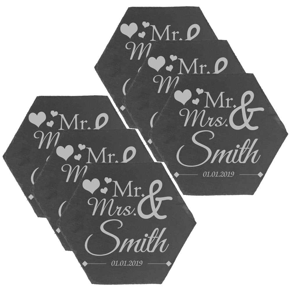Personalised Engraved Polygon Slate Wedding Coaster Mr&Mrs with Hearts - Picture 4 of 5