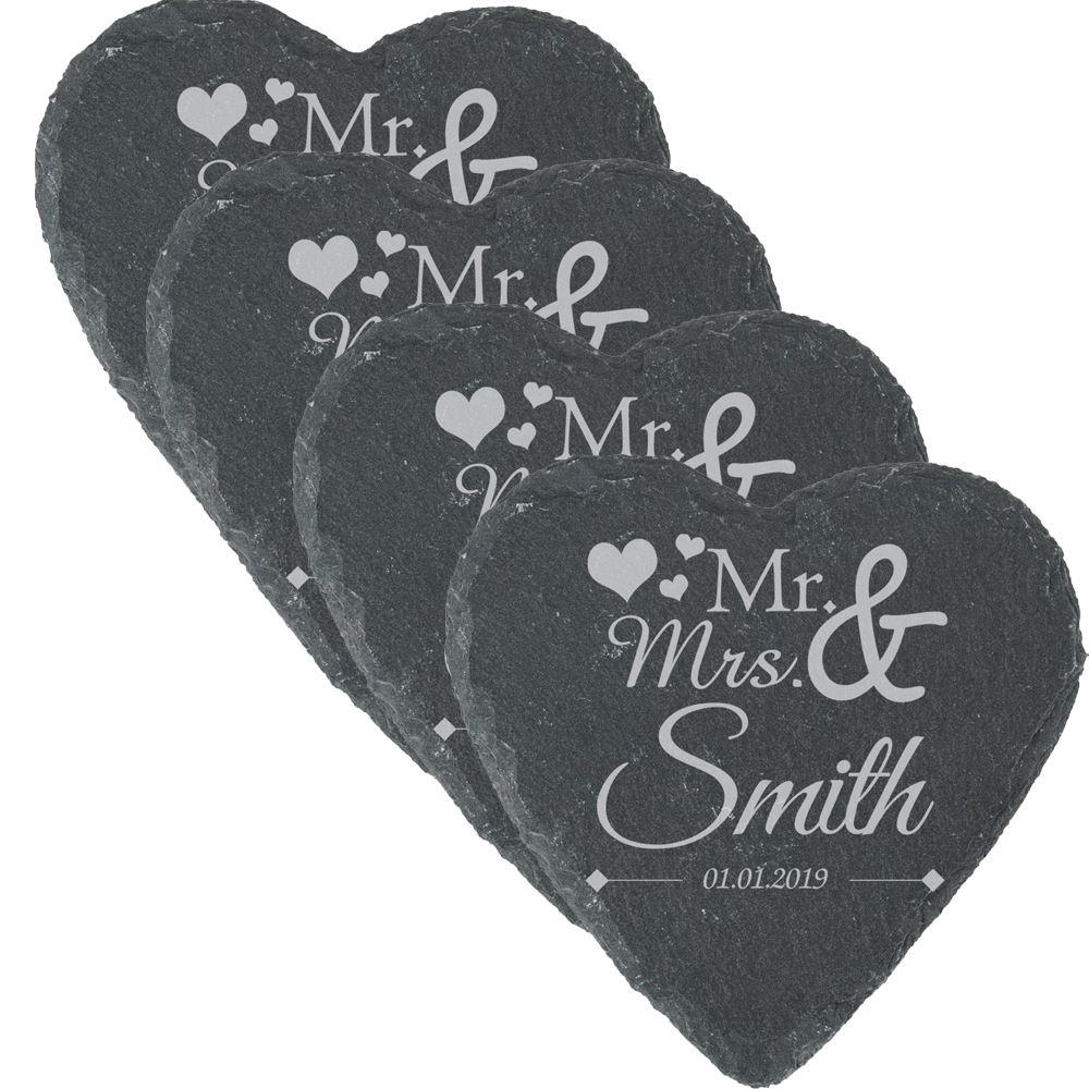 Personalised Engraved Heart Slate Wedding Coaster Mr&Mrs with Hearts - Picture 3 of 5