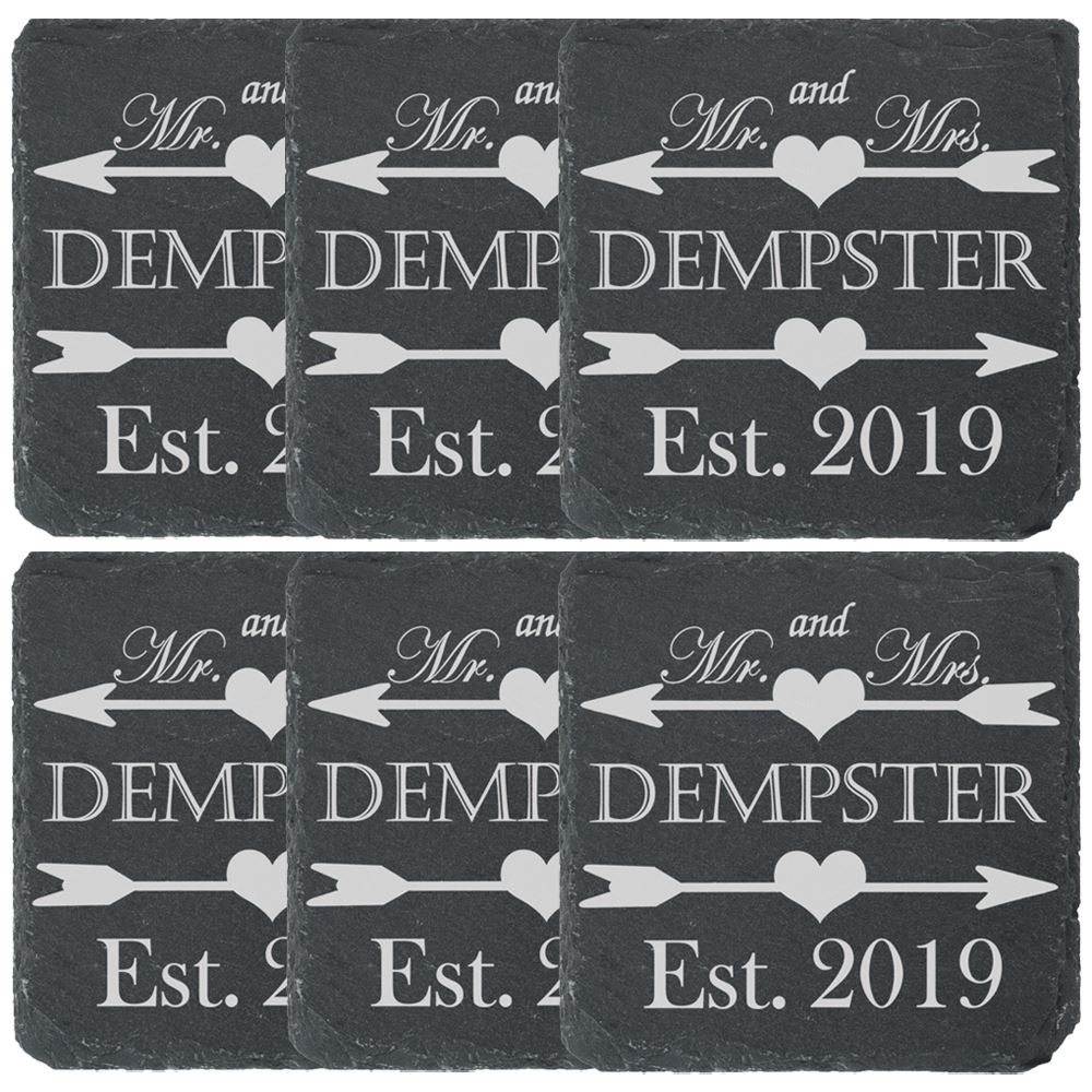 Personalised Engraved Square Slate Wedding Coaster Mr&Mrs Hearts and Arrows - Picture 4 of 5