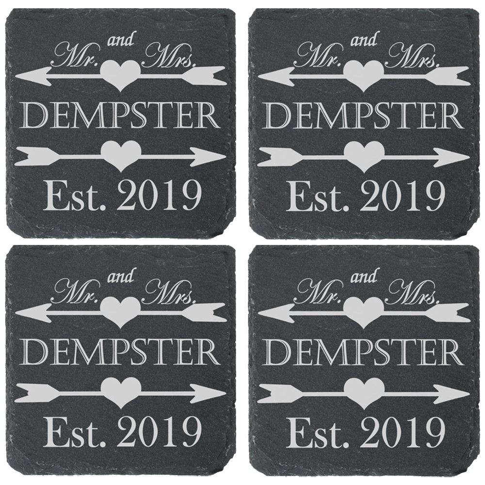 Personalised Engraved Square Slate Wedding Coaster Mr&Mrs Hearts and Arrows - Picture 3 of 5