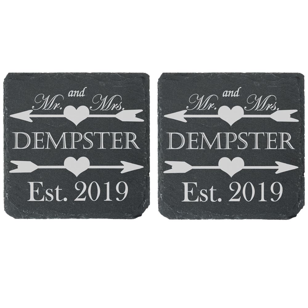 Personalised Engraved Square Slate Wedding Coaster Mr&Mrs Hearts and Arrows - Picture 2 of 5