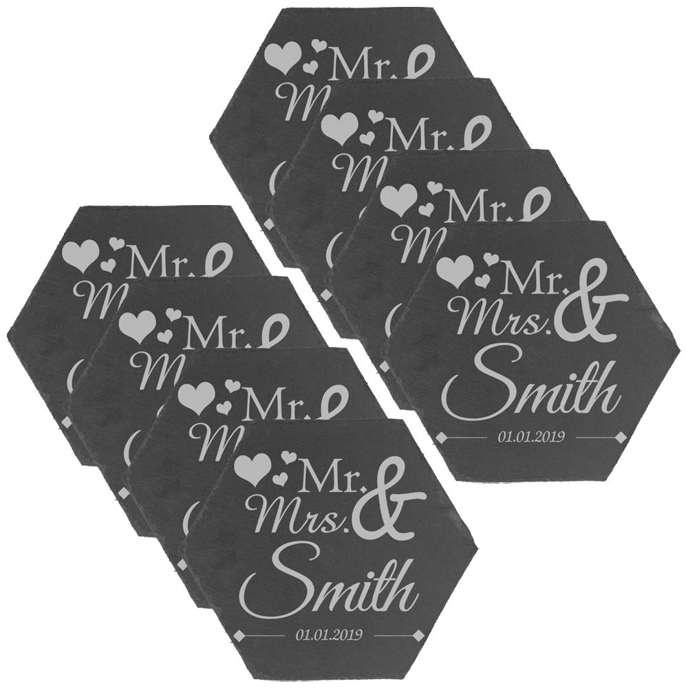 Personalised Engraved Polygon Slate Wedding Coaster Mr&Mrs with Hearts - Picture 5 of 5