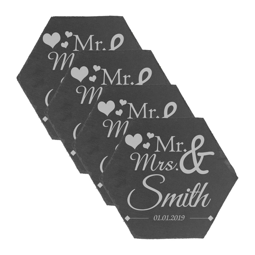 Personalised Engraved Polygon Slate Wedding Coaster Mr&Mrs with Hearts - Picture 3 of 5