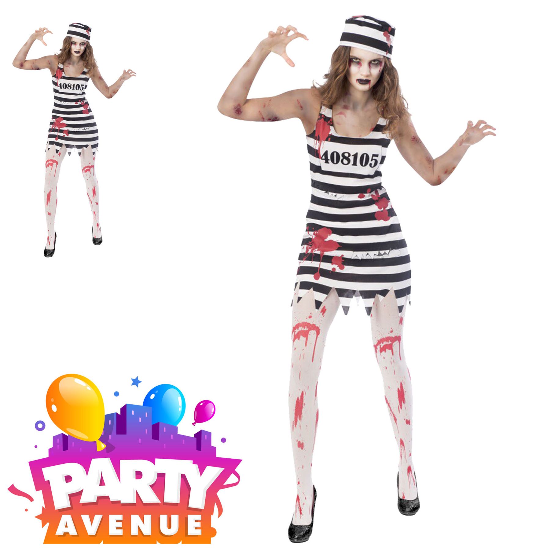 Adult Zombie Convict Costume Prisoner Womens Ladies Halloween Fancy Dress Outfit