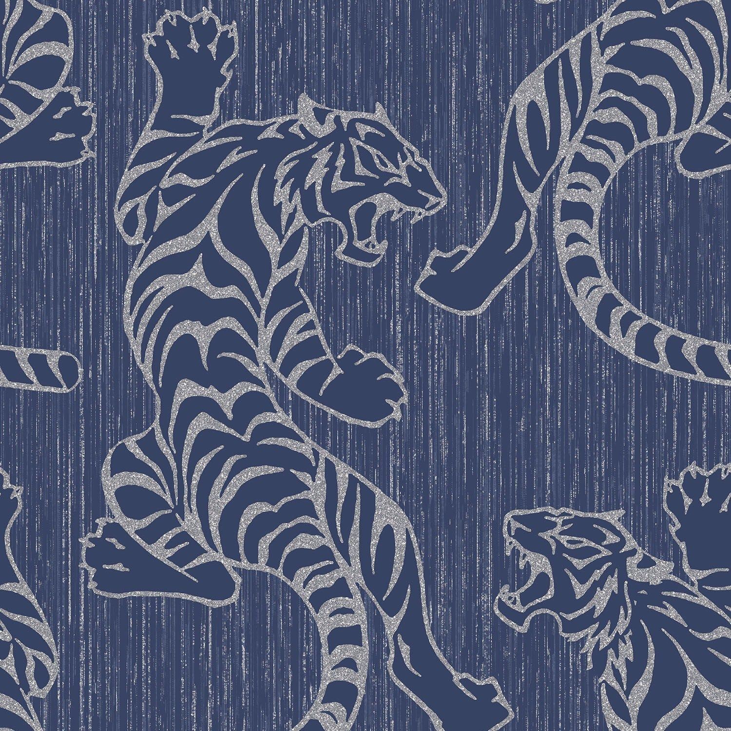 Tiger Tapete Tier Glitzer glänzend metallic schwarz/blau/creme Struktur Vinyl - Bild 10 von 13