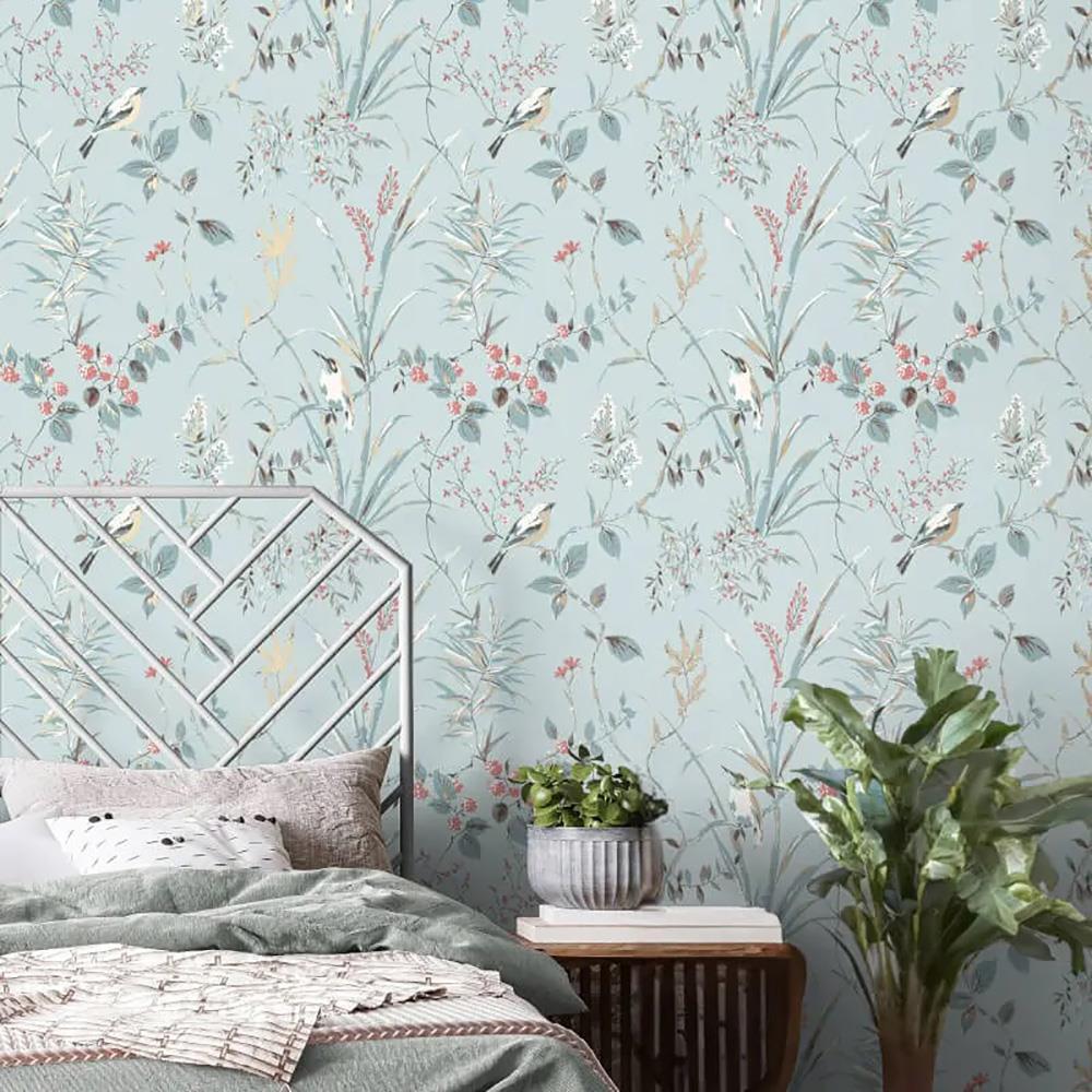 Papel Pintado Floral Corona Mariko Árbol Pájaro Metálico Elegante Moda Característica Pared - Imagen 4 de 19