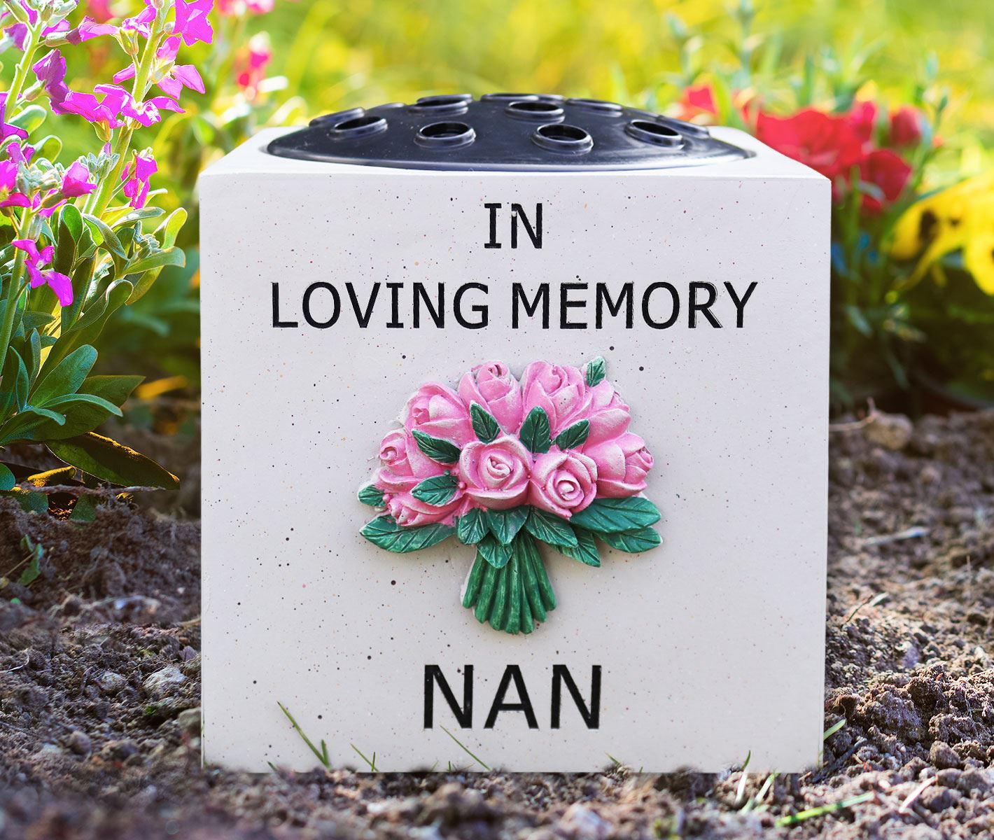 GRAVESIDE MEMORIAL ORNAMENT Grave Stone Flower Vase Pink Flowers Memory
