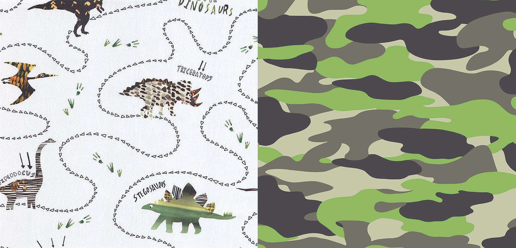 Childrens Dinosaur Camouflage Wallpaper Animal Print White Green Shades
