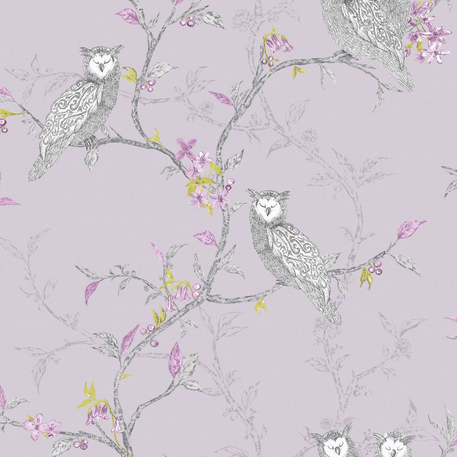 Owls Birds Tree Woodland Floral Wallpaper Metallic Shimmer Heather