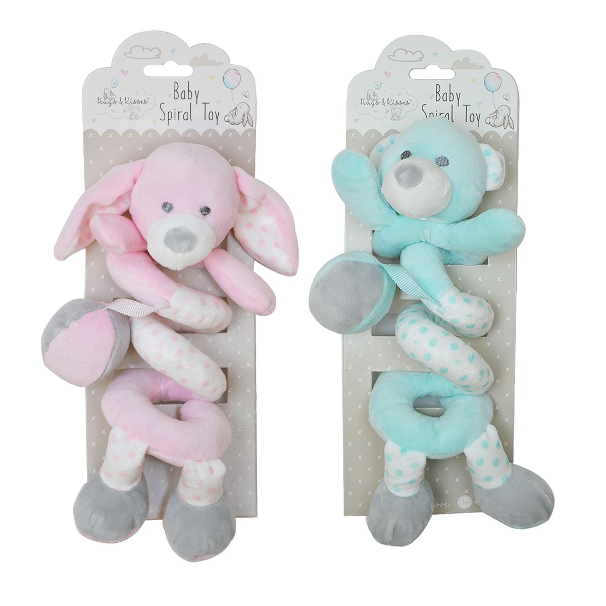 Hugs /& Kisses Baby Spiral Soft Plush Toy Rattle Pink Bunny 29cm Crib Pram Car