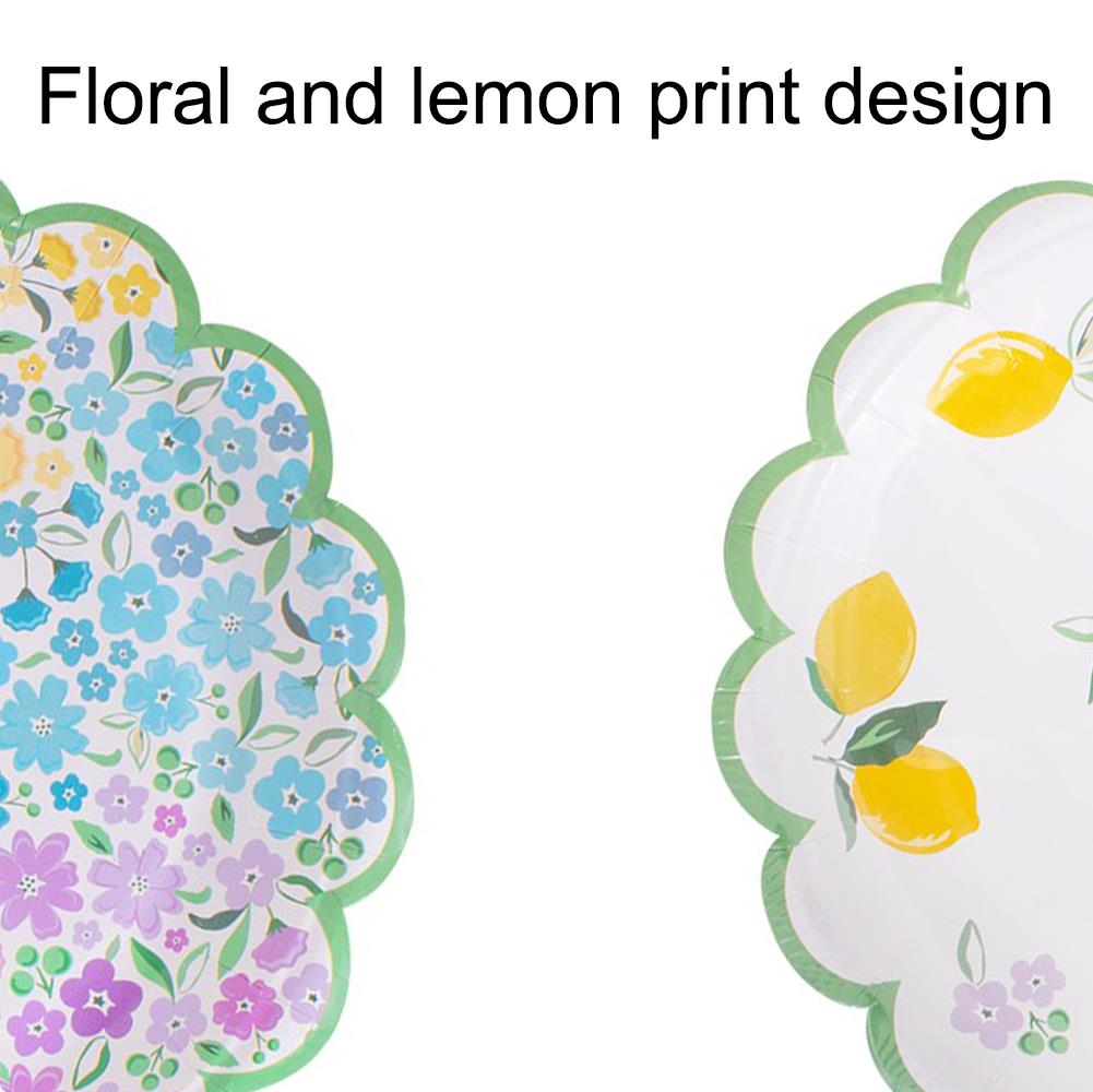 Pequeñas placas de papel con borde de vieira diseño floral limón cena picnic fiesta - Imagen 12 de 13