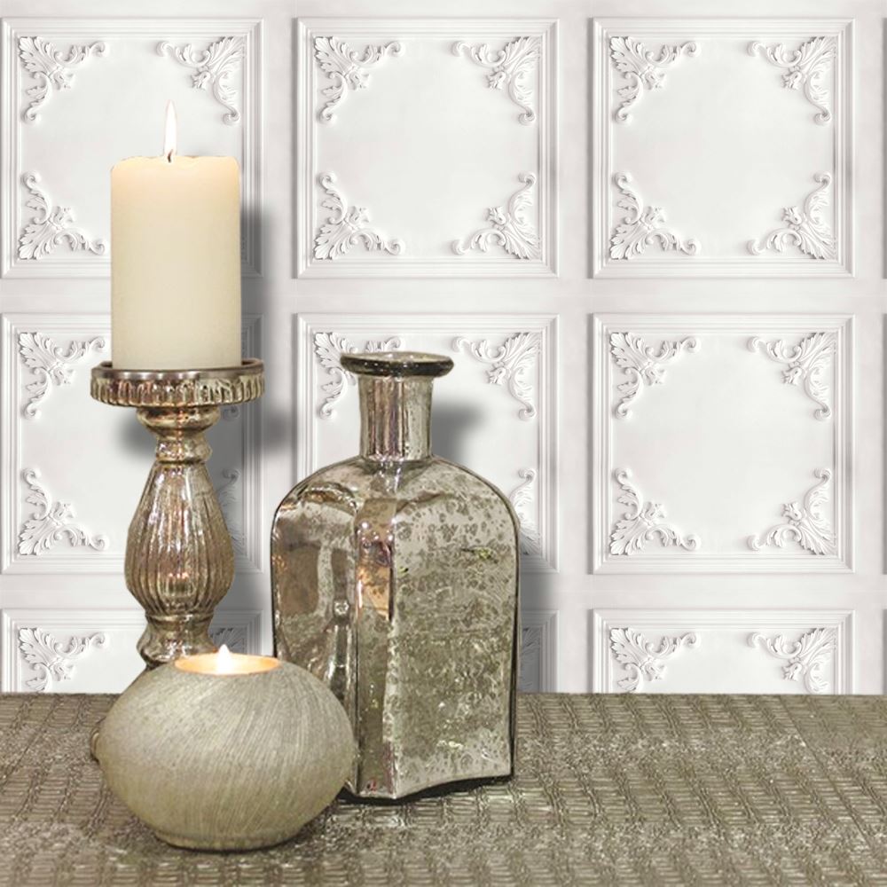 3D Effect Ornate Carved Wood Wall Panel Wallpaper White Vintage Retro