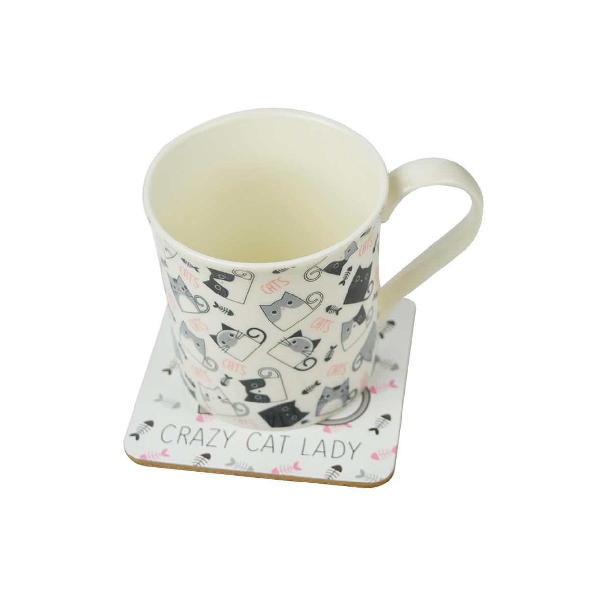 Crazy Cat Lady Drinking Mug /& Coaster Gift Set 9oz Bone China Tea Coffee Mug Cat