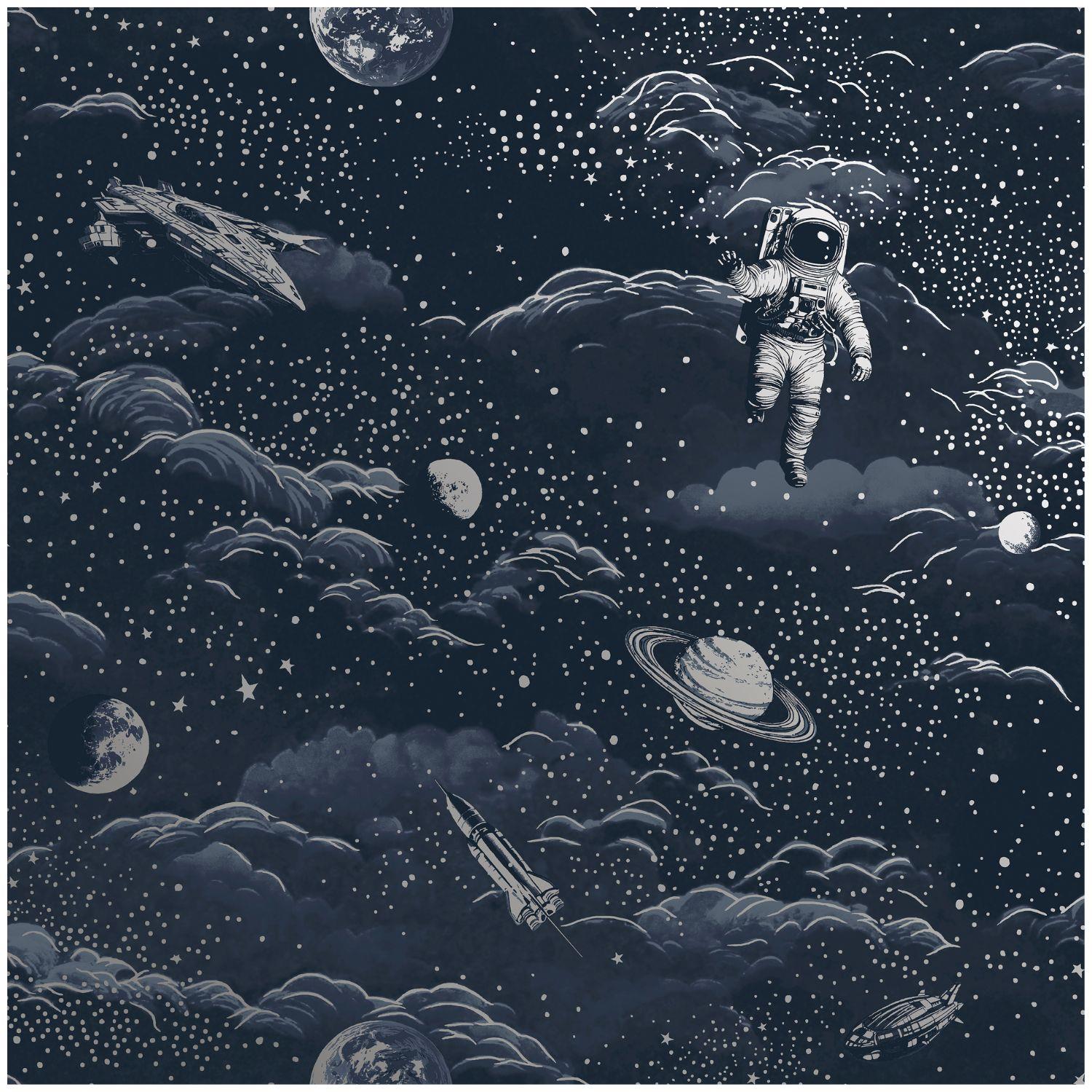 Lost In Space Black Gold Blue Silver Wallpaper Washable Kids Room Toy Room - Picture 8 of 14