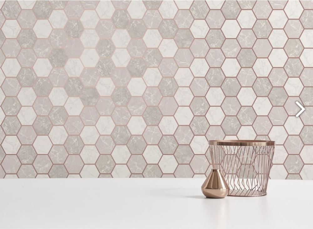 Hexagon Geometric Marble Wallpaper Kitchen Silver Rose Gold Metallic