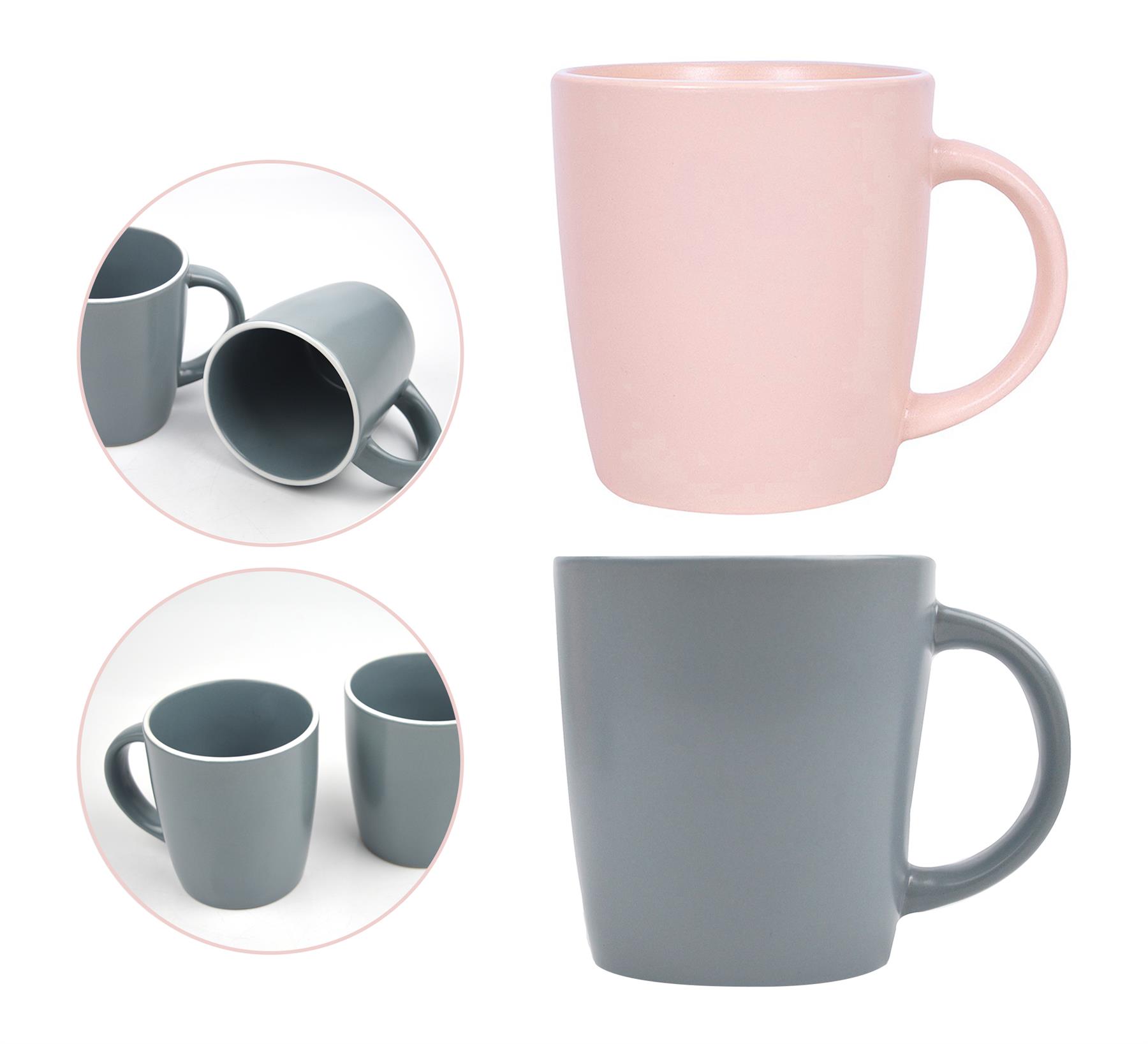 Grey Pink Coffee Mugs Tea Cups Set of 4 White Rim Stoneware Home Office
