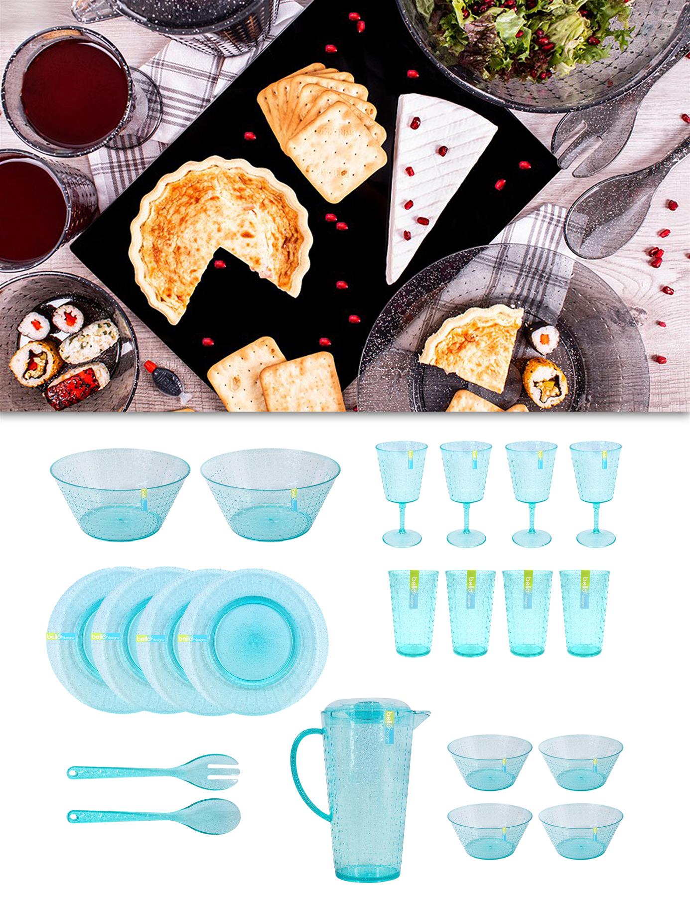 21pc Picnic Set 4 Person Plastic Glitter Blue Grey Outdoor Summer Party