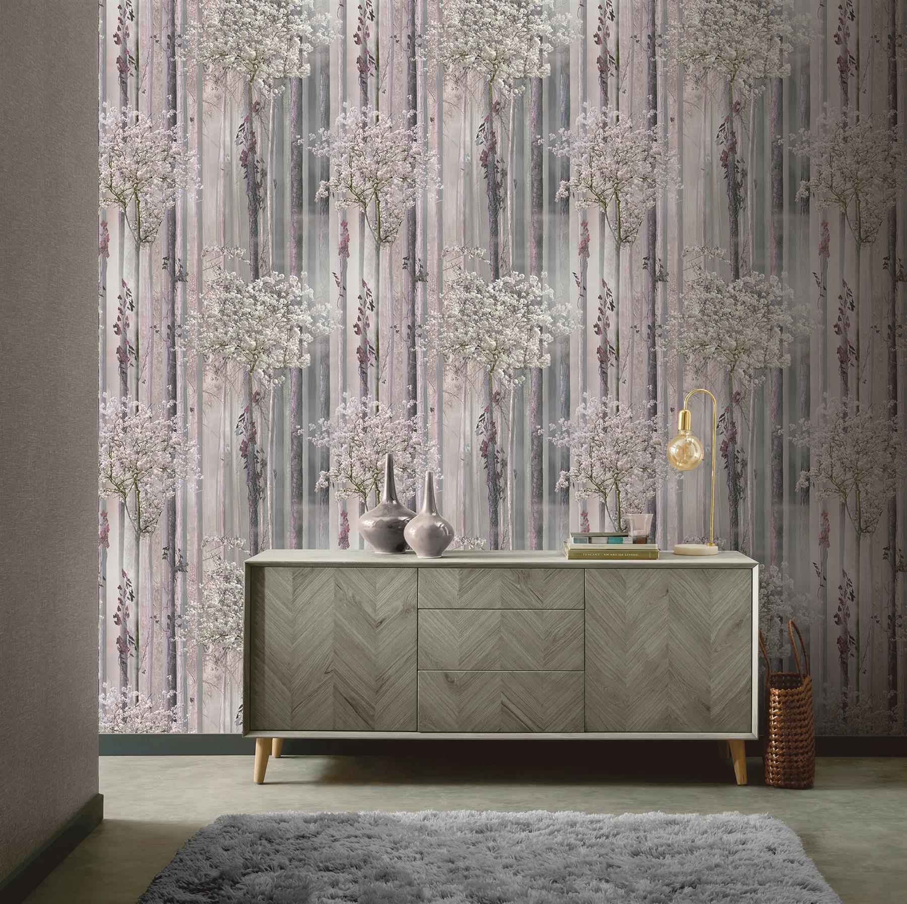 Blossom Forest Wallpaper Dusky Pink Grey Enchanted Trees Nature Matt