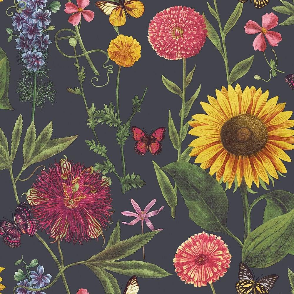 Summer Garden Flower Floral Wallpaper Metallic Sunflower Butterfly Leaf Arthouse