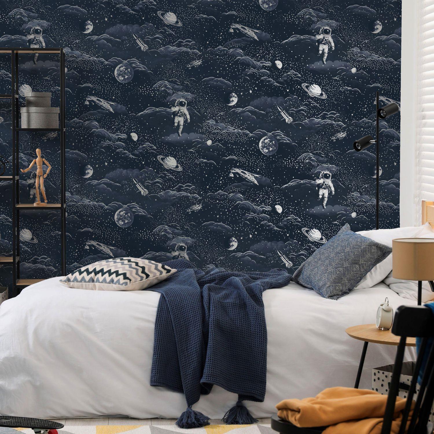Lost In Space Black Gold Blue Silver Wallpaper Washable Kids Room Toy Room - Picture 11 of 14