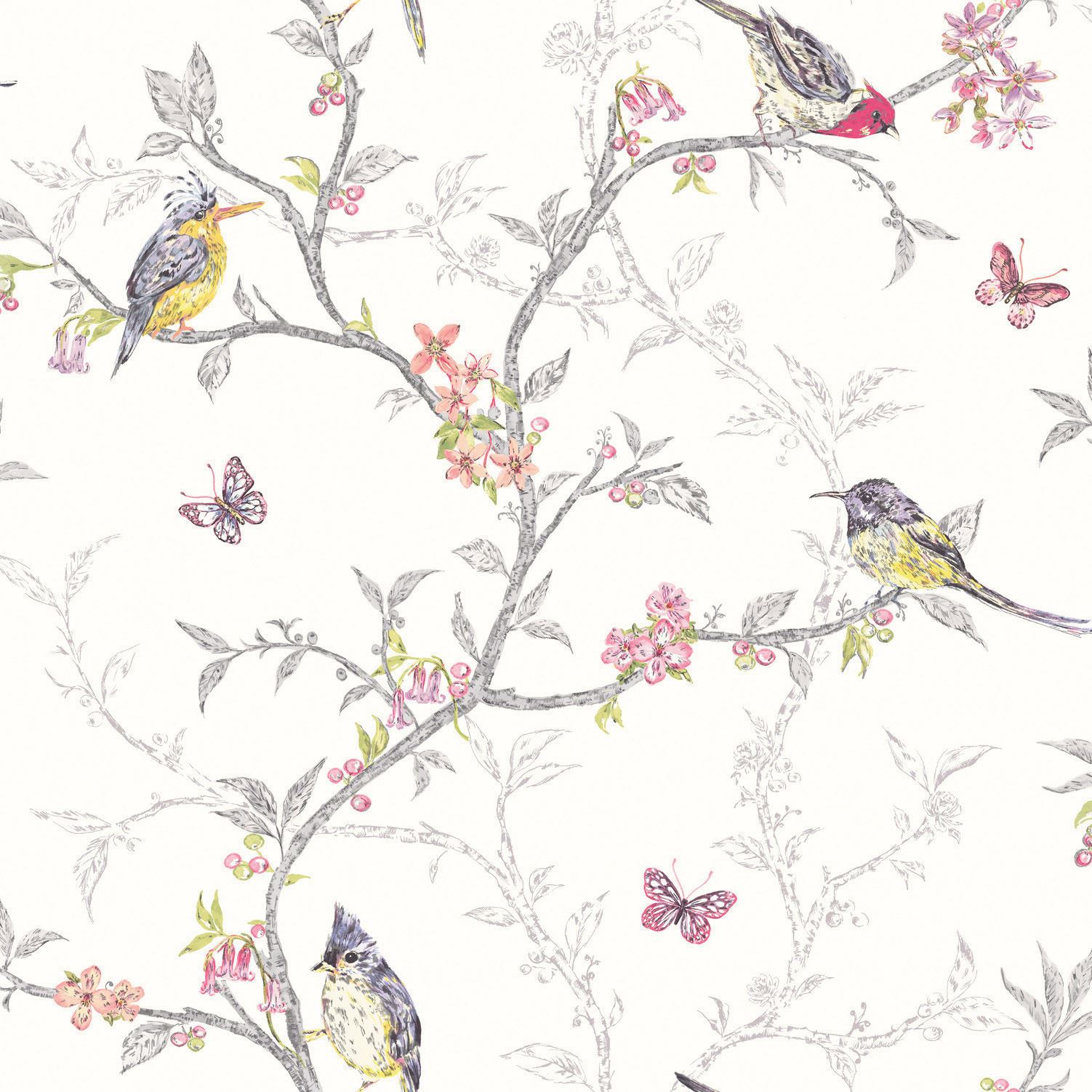 Floral Butterfly Wallpaper White Birds Trees 10m x 53cm 98080 Holden Decor