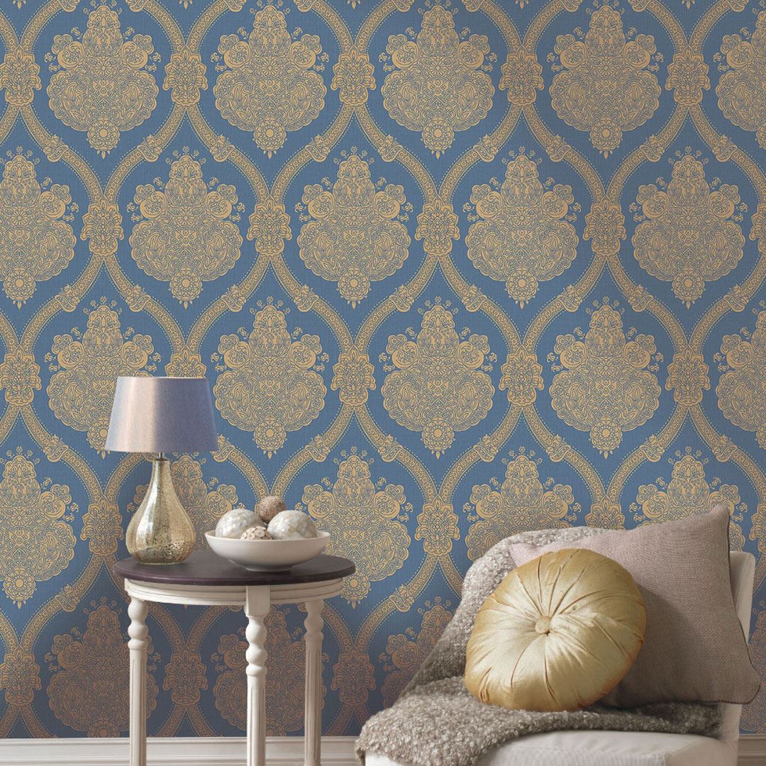 Blue &amp; Beige Damask Wallpaper Textured Suede Vinyl Modern