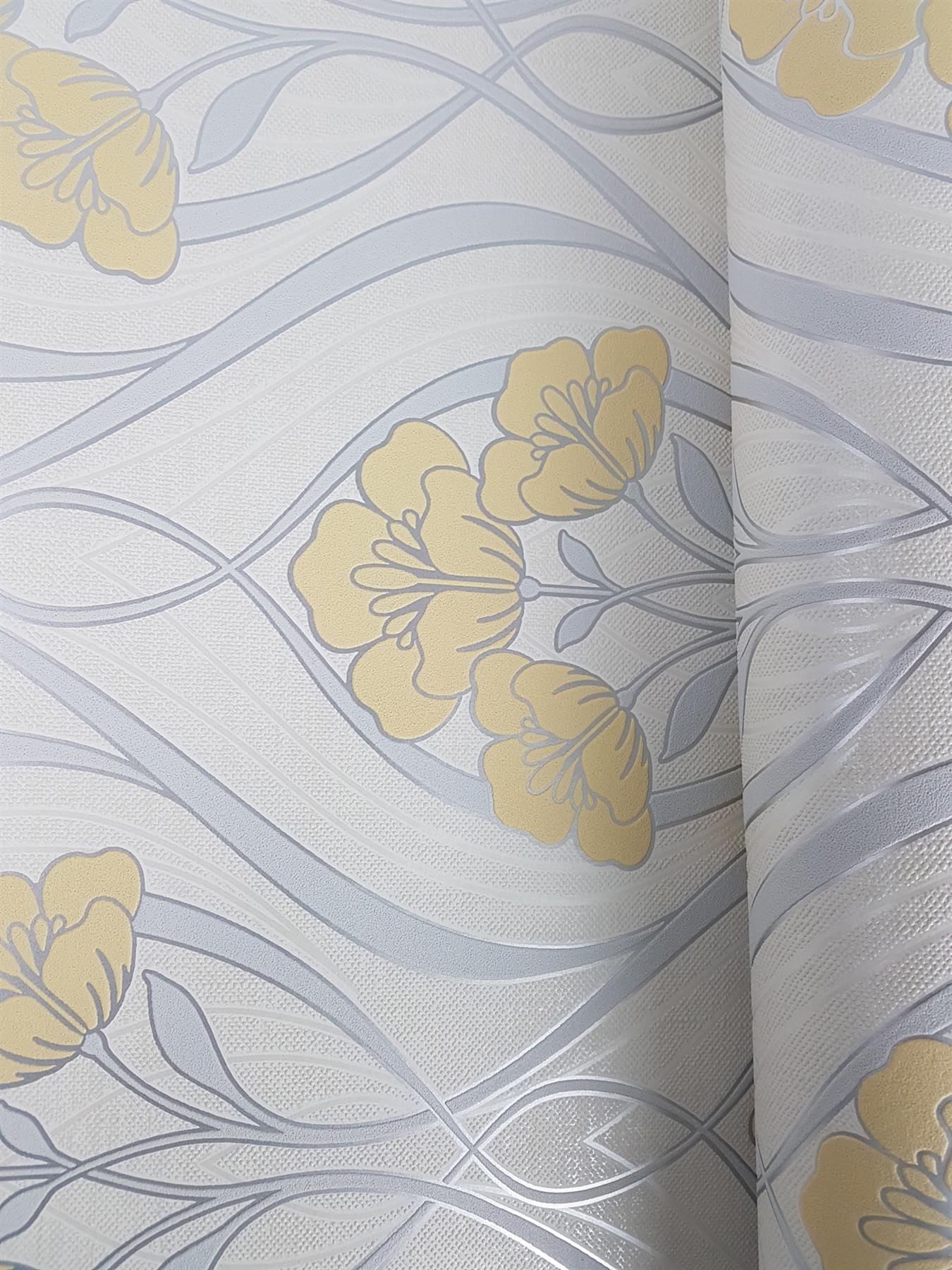 Evelyn Floral Grey Yellow Pink Wallpaper Metallic Cream Flowers Vinyl