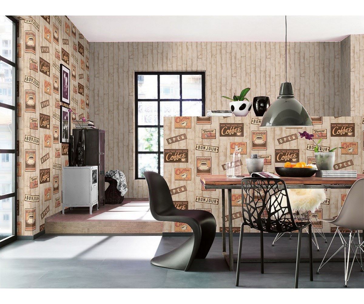 Rasch 3D Bleached Wood Panel Typography Vinyl Wallpaper Beige Kitchen