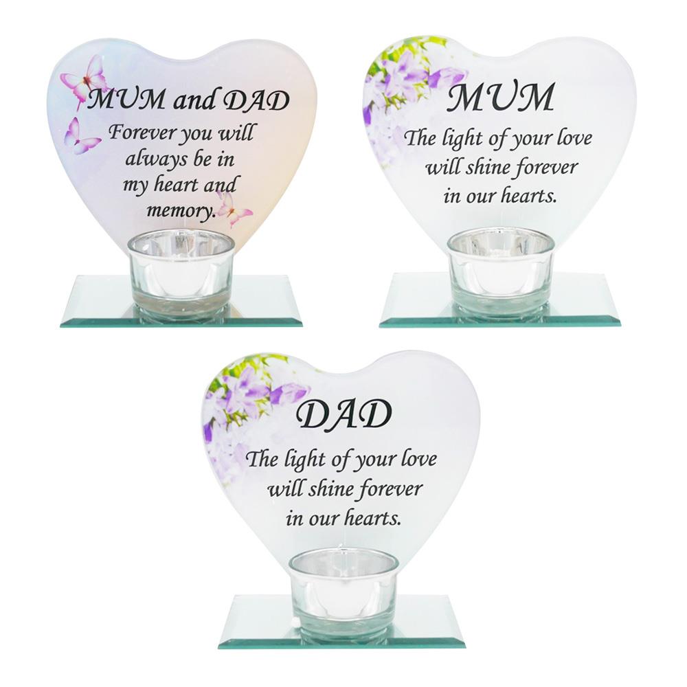 Glass Heart Memorial Plaque Tea Light Candle Holder Floral Graveside