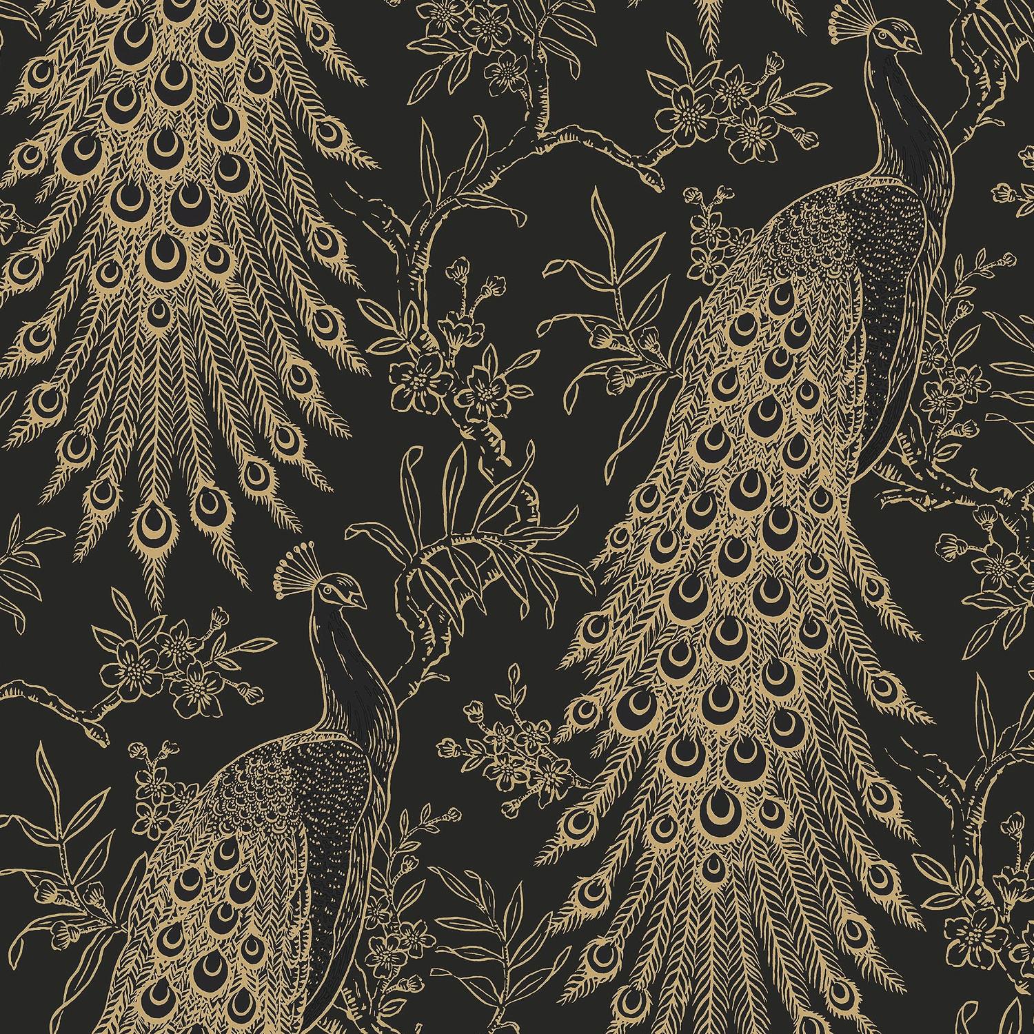 Pandore Peacock Wallpaper Black Gold Metallic Textured Birds Exotic