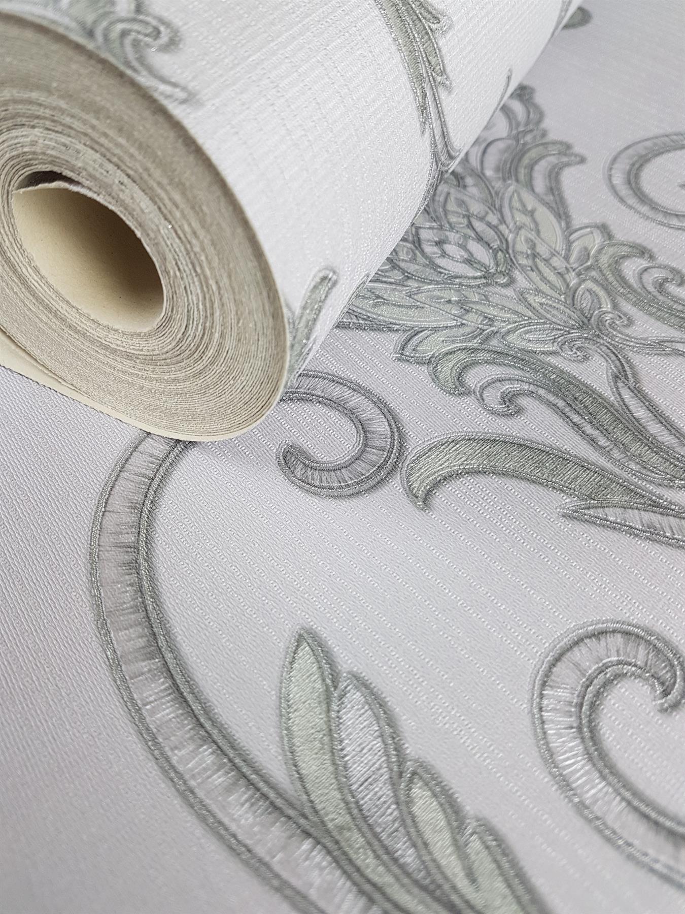 DEBONA ISABELLA DAMASK Ivory Gold Silver Wallpaper Floral Glitter