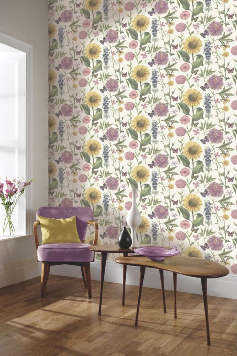 Summer Garden Flower Floral Wallpaper Metallic Sunflower Butterfly Leaf Arthouse