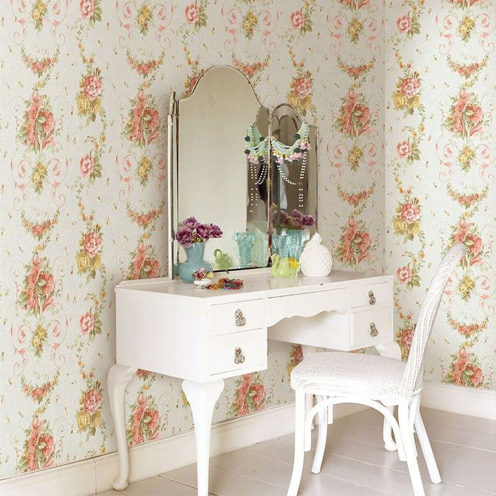 Floral Flower Wallpaper Rose Blue Pink Duck Egg Cream White Metallic Shimmer
