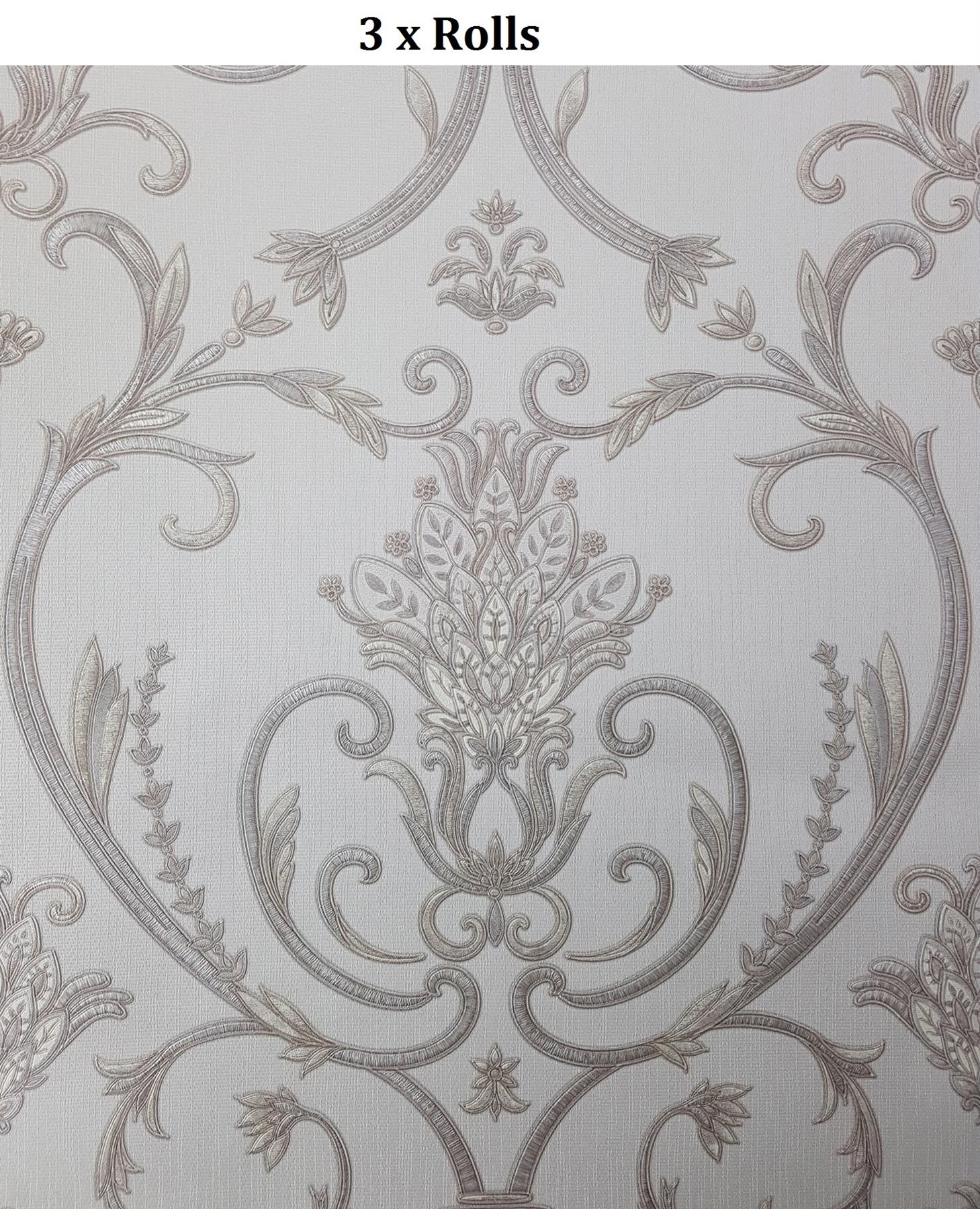 3x Debona Isabella Damask Silver Wallpaper Floral Glitter Textured Italian Vinyl
